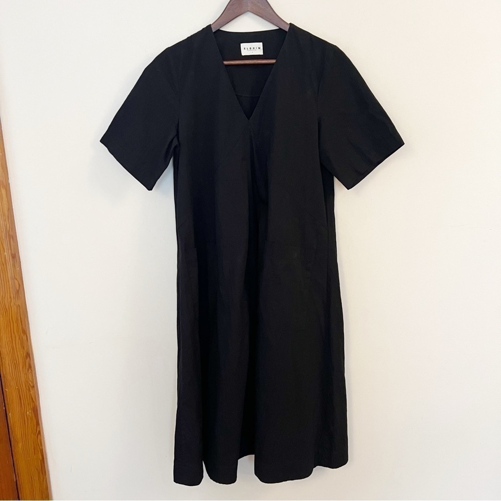 Elohim by Sabrina Goh Nayeli Black Midi A-line Dress Size Small Cotton Pockets